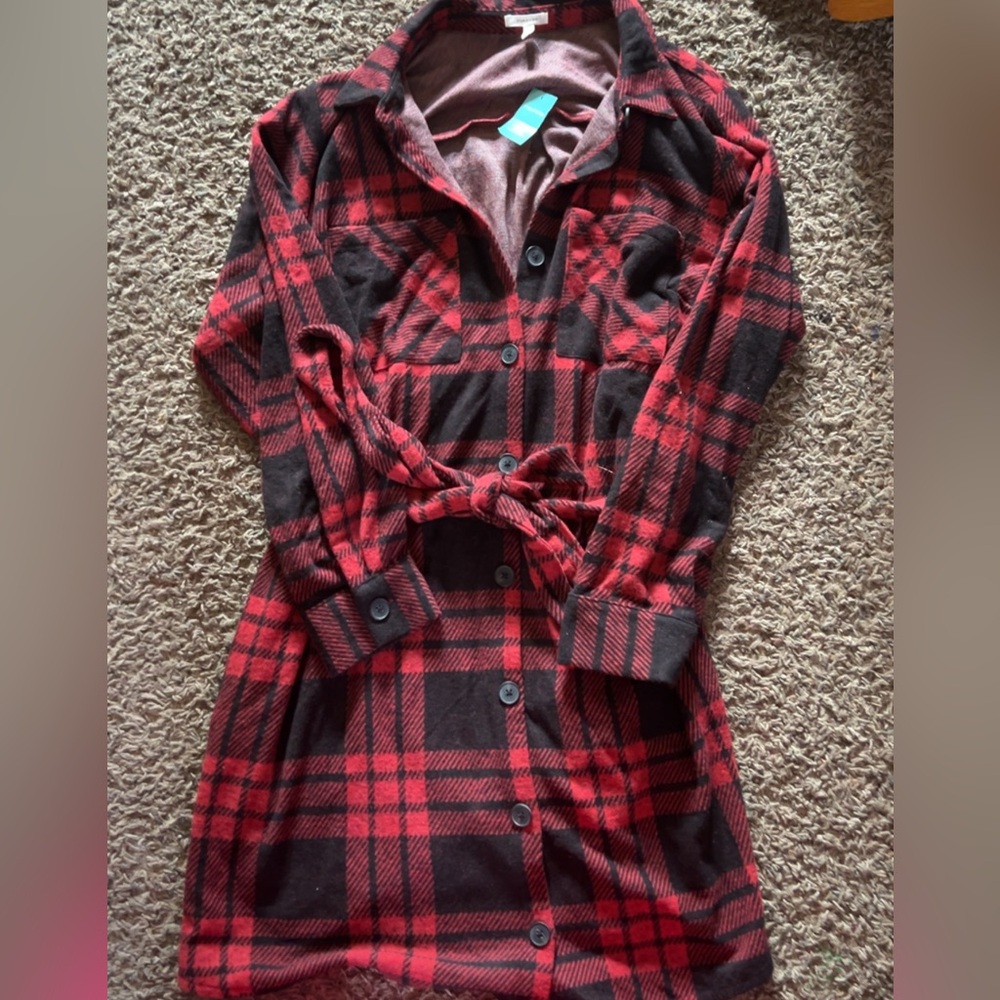 Maurices Red and Black Plaid Shirt Dress with Tie Waist